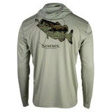 Back of a light green long-sleeve hooded shirt with a green and brown fish graphic and 'Simms' branding.