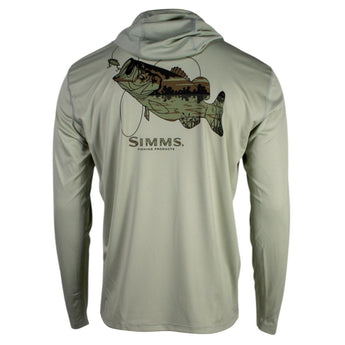Back of a light green long-sleeve hooded shirt with a green and brown fish graphic and 'Simms' branding.