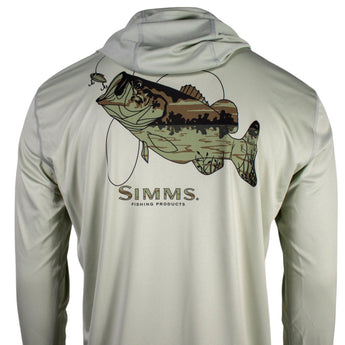 Close up of the back of a light green hooded long sleeve with a fish graphic and 'Simms' branding on the shoulder blades.