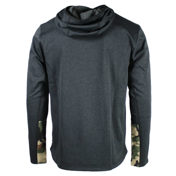 Back of a black hoodie with green camo sleeve cuffs. 