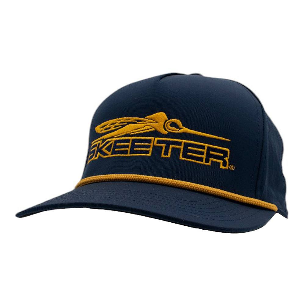 A navy hat with a yellow paracord rope across the top of the bill and the Skeeter logo embroidered in yellow across the front panel. 