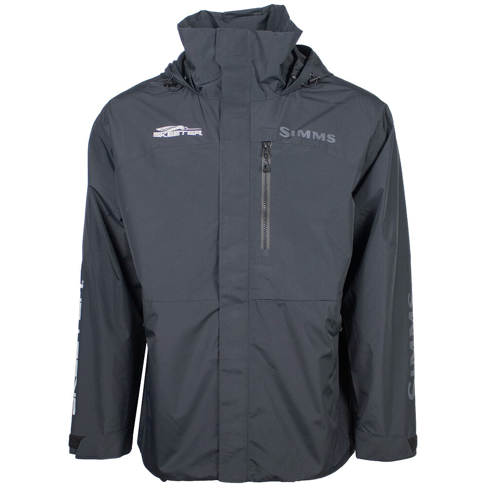 Front of a black insulated jacket with a face covering, hood, and a zippered left chest pocket. The Simms logo is printed in grey on the left chest and the Skeeter logo is printed in white on the right chest. 