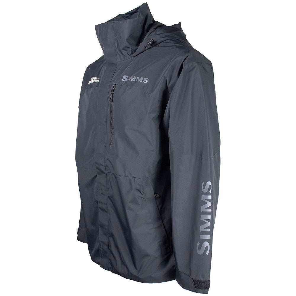 The left side of the black insulated jacket, showing the Simms logo printed in grey down the left arm. 