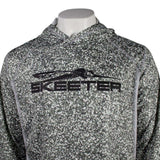 Close of a gray speckled hoodie with 'Skeeter' printed in black across the chest. 