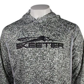 Close of a gray speckled hoodie with 'Skeeter' printed in black across the chest. 