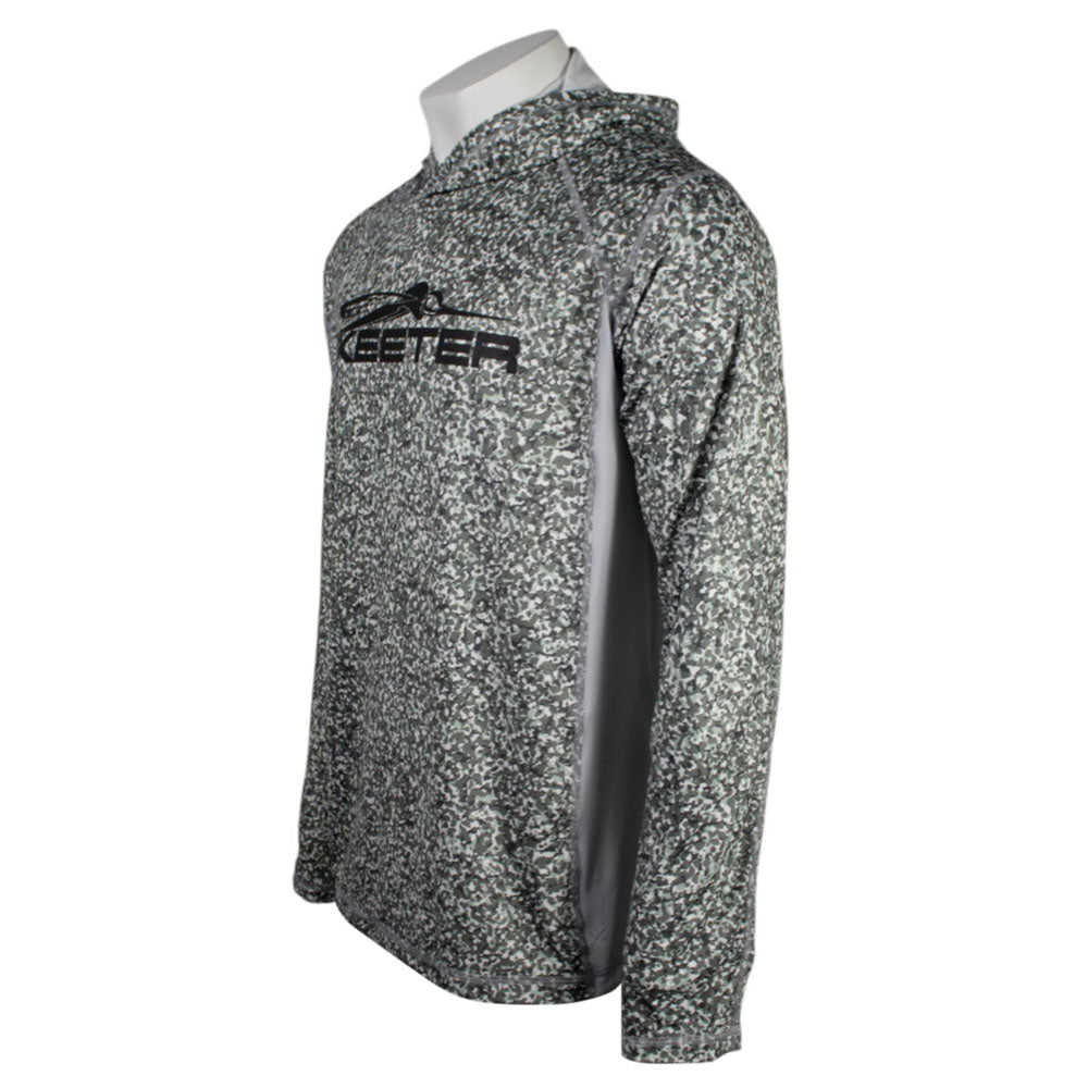 Side of a speckled grey shirt with a black skeeter logo across the chest. 