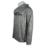 Side of a speckled grey shirt with a black skeeter logo across the chest. 