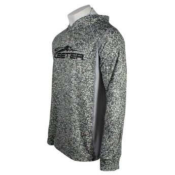 Side of a speckled grey shirt with a black skeeter logo across the chest. 
