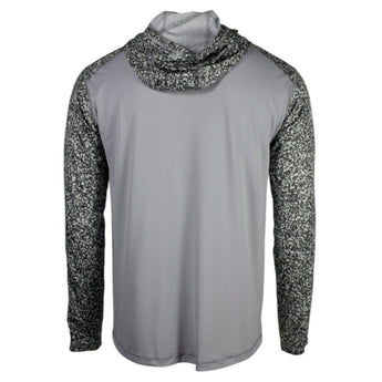 Back of a gray long-sleeve shirt with speckled patterned sleeves and a hood.