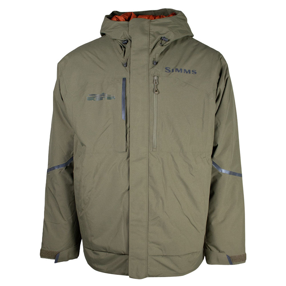 The front of a dark stone insulated jacket with the Simms logo on the left chest and the Skeeter logo on the right chest pocket. There is also a left chest zippered pocket below the Simms logo. 