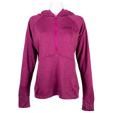 Front of a ladies UPF hooded half-zip long sleeve in fuchsia pink. Embroidered on the left chest is the skeeter logo in pink and black. 