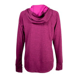 Back of a ladies UPF hooded half-zip long sleeve in fuchsia pink. 