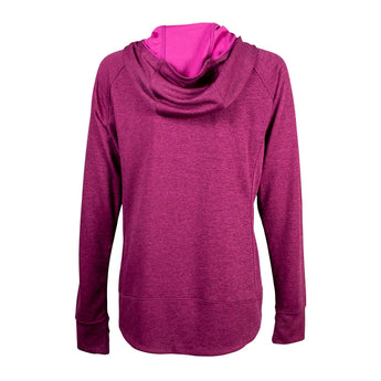 Back of a ladies UPF hooded half-zip long sleeve in fuchsia pink. 