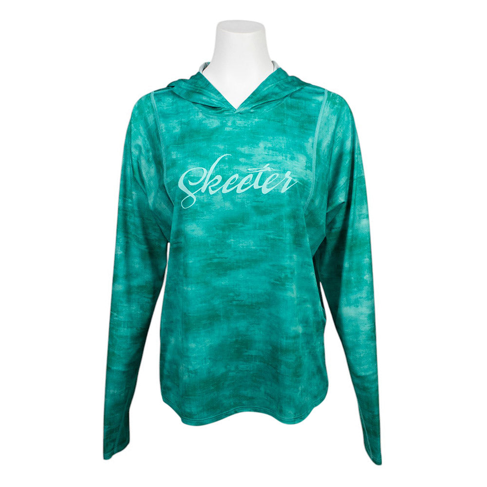 Front of a UPF hooded long sleeve in a teal green color, with the text "Skeeter" across the chest in a pale green script font. 