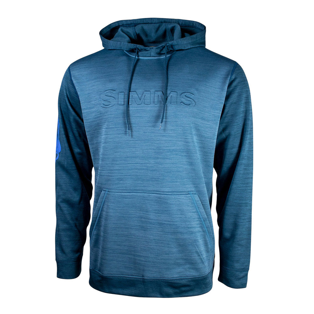 Front of a blue hoodie with the simms logo embossed across the chest. 
