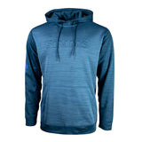 Front of a blue hoodie with the simms logo embossed across the chest. 