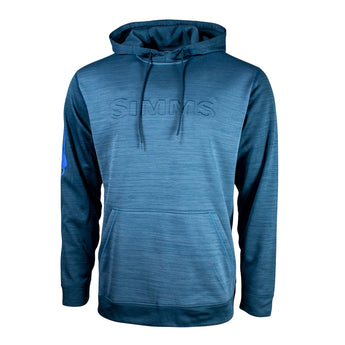 Front of a blue hoodie with the simms logo embossed across the chest. 