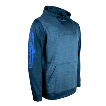 The right side of a blue hoodie with the simms logo embossed across the chest and the skeeter logo printed in light blue on the sleeve. 