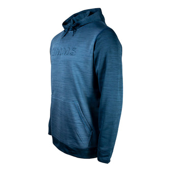 The left side of a blue hoodie with the simms logo embossed across the chest. 