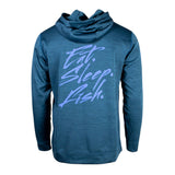 Back of a blue hoodie with the phrase eat, sleep, fish, printed in blue on the back. 