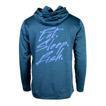 Back of a blue hoodie with the phrase eat, sleep, fish, printed in blue on the back. 