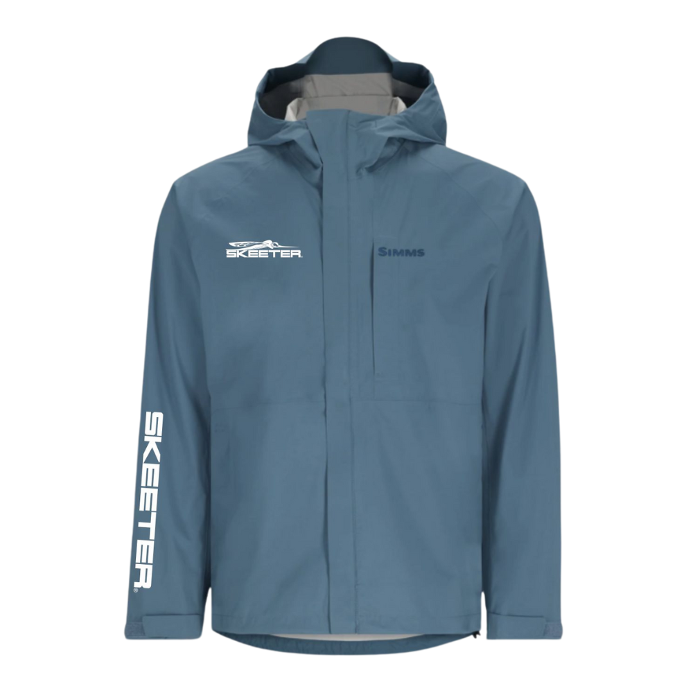 Blue rain jacket with white 'Skeeter' branding on the right chest and right sleeve.