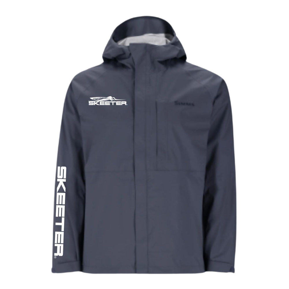 Gray rain jacket with white 'Skeeter' branding on the right chest and right sleeve.