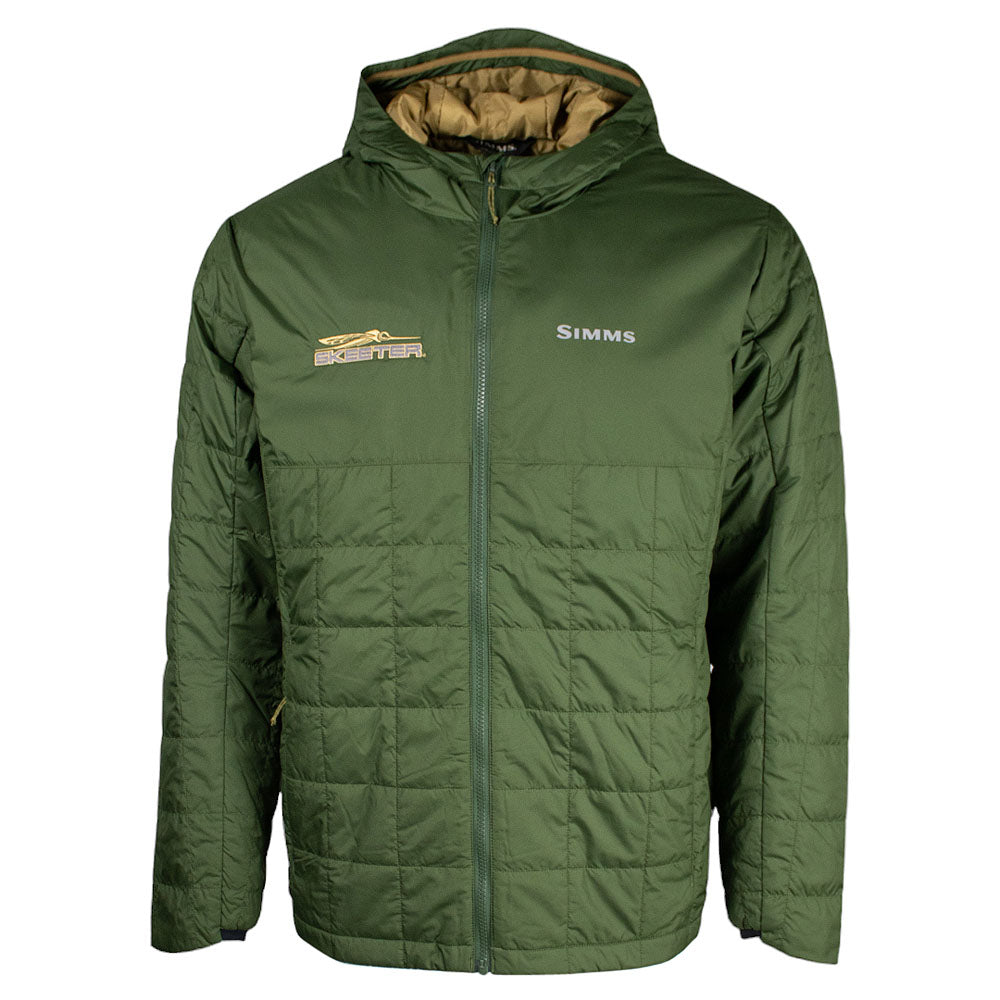 Front of a green puffer jacket featuring the Simms logo printed in grey on the left chest and the Skeeter logo embroidered in tan and grey on the right chest.