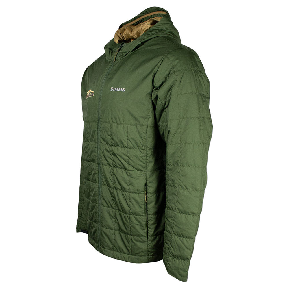 The left side of the green puffer jacket. 