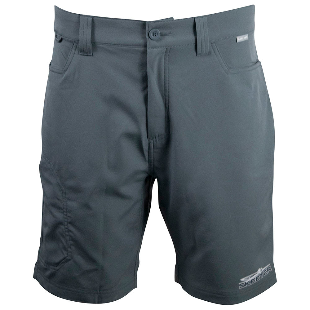 Front of grey shorts with a button and zipper closure, a pocket on the side of the right leg, and the Skeeter logo printed in white above the cuff of the left leg. 