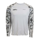 Front of a light grey UPF long sleeve with black and grey camo sleeves. Printed on the right chest is the skeeter logo in black. 