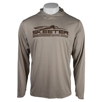 Front of a brown hooded long sleeve with a brown Skeeter Performance Fishing Boats logo across the chest.