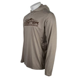 Side of a brown hooded long sleeve with a brown skeeter logo on the front. 
