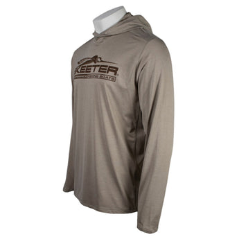 Side of a brown hooded long sleeve with a brown skeeter logo on the front. 