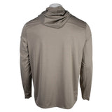 Back of a beige long-sleeve shirt with hood.