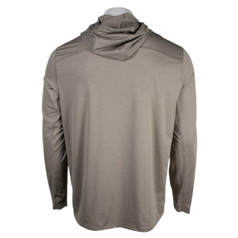 Back of a beige long-sleeve shirt with hood.