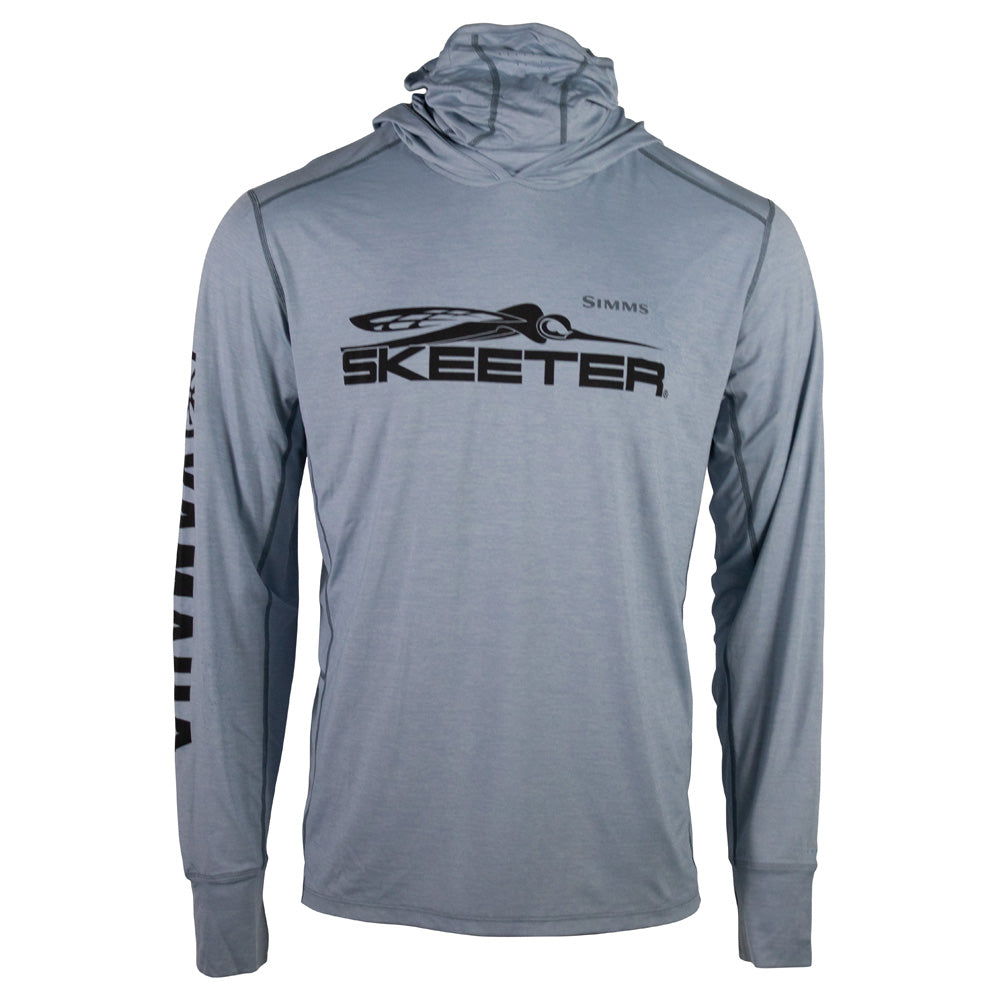 Front of a light blue UPF hooded long sleeve with a face covering collar. Printed across the chest is the Skeeter logo in black. 