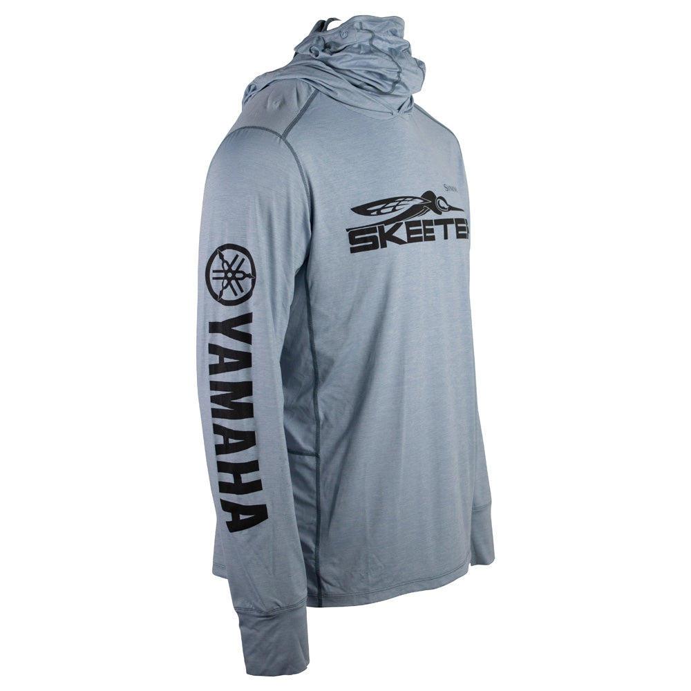 Right side of a light blue UPF hooded long sleeve, featuring the Yamaha logo in black printed down the sleeve. 