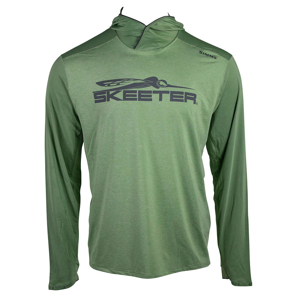 Front of a green UPF hooded long sleeve with a snap-closure neck covering collar and the Skeeter logo printed in grey across the chest. 