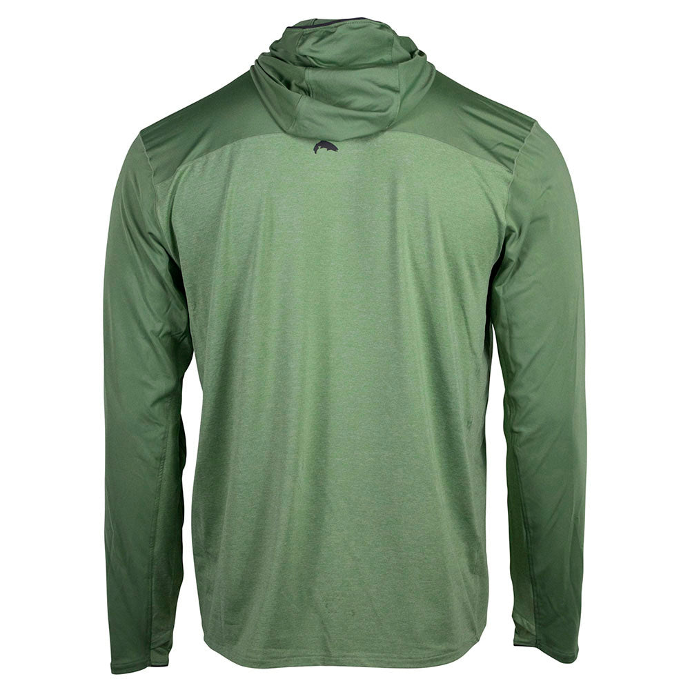 Back of a green UPF hooded long sleeve. 