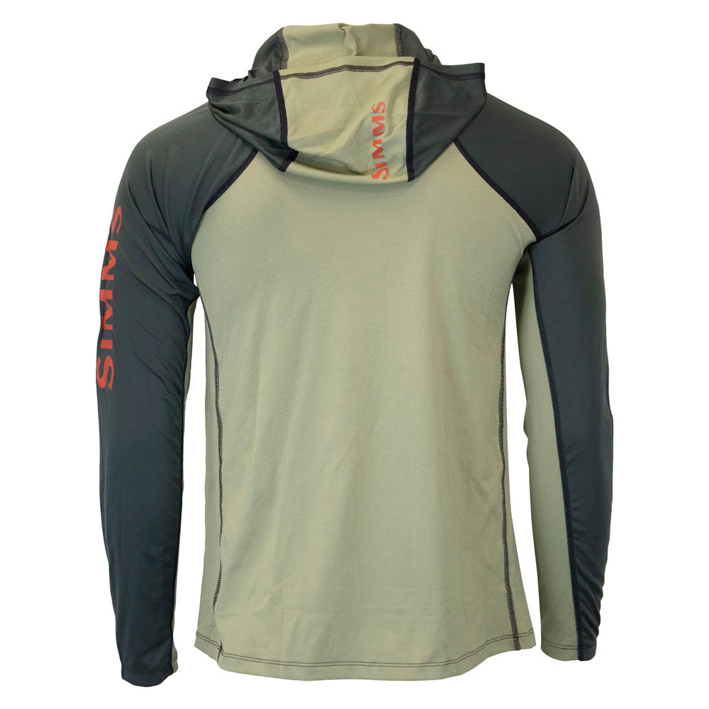 Back of a UPF hooded long sleeve with dark green sleeves and a light green back, underarms, and hood. The Simms logo is printed in orange down the side of the left sleeve and back of the hood. 