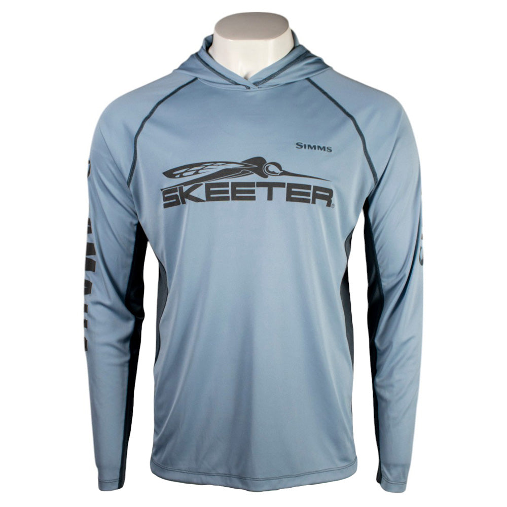 a blue performance hoodie with grey stitching and the 'Simms' and 'Skeeter' logos on the chest.
