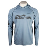 a blue performance hoodie with grey stitching and the 'Simms' and 'Skeeter' logos on the chest.