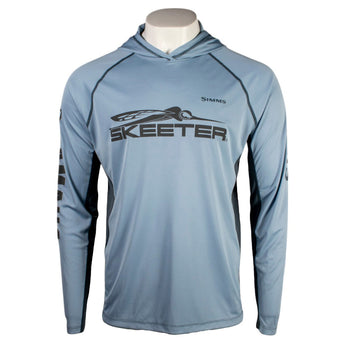 a blue performance hoodie with grey stitching and the 'Simms' and 'Skeeter' logos on the chest.