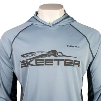 a blue performance hoodie with grey stitching and the 'Simms' and 'Skeeter' logos on the chest.