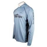 a blue performance hoodie with grey stitching and the 'Simms' and 'Skeeter' logos on the chest.