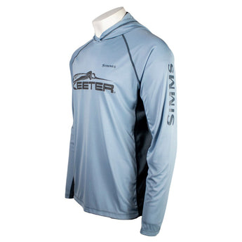 a blue performance hoodie with grey stitching and the 'Simms' and 'Skeeter' logos on the chest.