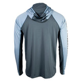 a blue performance hoodie with a grey back panel and hood. 