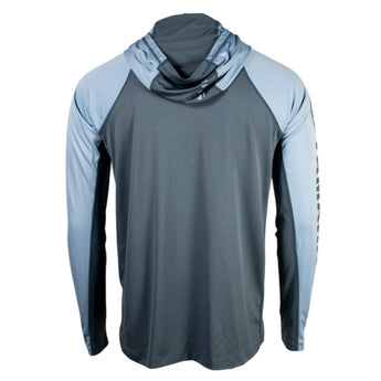 a blue performance hoodie with a grey back panel and hood. 