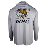 Gray performance hoodie with the 'simms' logo and bass fish print on the back.